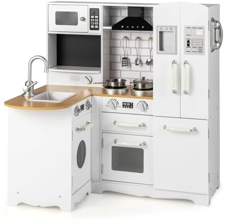 Costzon Corner Kids Kitchen Playset, 11-in-1 Wooden Toy Kitchen Set with Realistic Washing Machine, Microwave, Oven, Stove, Refrigerator, Range Hood, Telephone, Play Kitchen for Toddlers Boys Girls