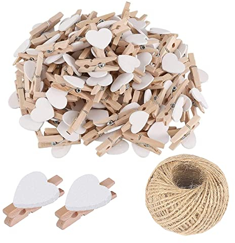 SKYPRO 25Pcs White Mini Wooden Heart Clothespins, Multicolor Small Clothespins with Heart, 3cm Heart Photo Clips, Tiny Clothes Pins with String for Photos Display,DIY Craft,Wedding&Baby Shower Decor