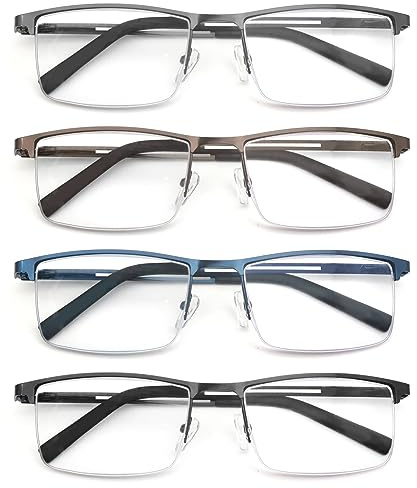 MODFANS 4 Paire de Lunettes de Lecture 1.5 Homme Anti Lumiere Bleue - Monture Rectangle en Metal Acier Inoxydable Lunettes de Vue Lunettes Loupe Noir-Gris-Bleu-Marron