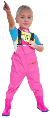 Tinarying Girls Romper Kids Boys Girls Chest Waders Youth Fishing Waders with Pocket for Toddler Children Water Proof Hunt & Fishing Waders with Boots (Pink, 6-7 Years)
