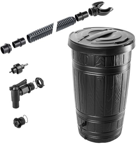 KADAX Boccale per acqua piovana 265 litri, serbatoio per acqua piovana in plastica, barile per pioggia con coperchio, rubinetto e set di collegamento, serbatoio per acqua piovana, serbatoio per acqua