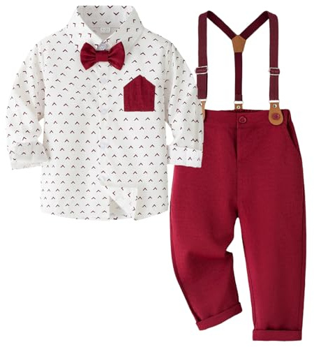 Yaopelky Conjunto de Traje Formal para Caballero, Camisa de Manga Larga con Pajarita, Tirantes, pantalón, Vestido de Boda para niños, Rosso, 3-4 años