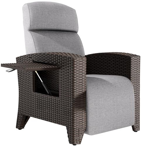 ONKBOITE Poltrona Reclinabile Rattan, Ergonomica, Schienale Regolabile, con Cuscino Spesso, Adatta per Interni, Balcone, Giardino, Cortile (Bordi in Rattan Nero + Cuscino Grigio)
