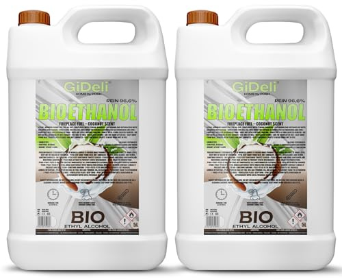 GiDeli Bioetanol 2 x 5 l de aroma de coco 96,6% etanol para interiores y exteriores, sin humo ni hollín, de maíz y remolacha azucarera