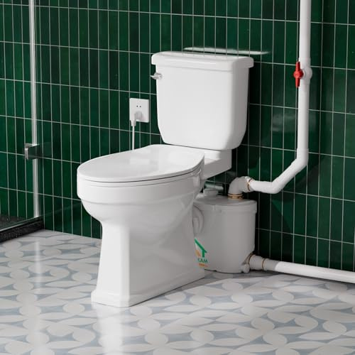 WC à macération avec pompe, toilettes en deux parties pour sous-sol, système de pompe de macération puissant et silencieux avec 3 entrées d'eau et ventilation AC, 11 m verticalement, cuvette allongée
