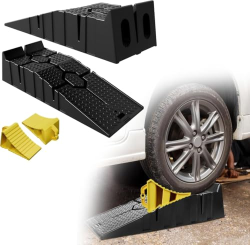 UISEBRT Rampa de carga para coches con cuñas, 2 piezas robustas con cuñas remolques, rampa de carga de hasta 5 T, para caravanas, autocaravanas, etc. extra alta, color amarillo