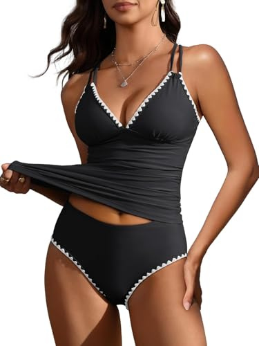Awinclo Womens Ruched Tankini Bathing Suit Two Piece High Waisted Swimsuit V Neck Scalloped Trim Swimwear for Summer Beach Pool Black Small