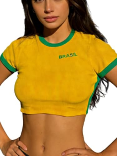 Felcia Women's Ribbed Short Sleeve Crop Top Y2K Slim Fit Crew Neck Cropped T-Shirt Embroidered Slim Fit Streetwear