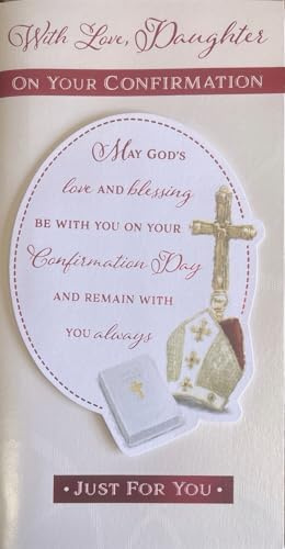 Daughter Confirmation Day Card - Holy Bible Cross and Pink Foil 8.75x4