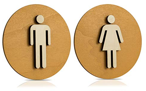 Cartel Madera de WC, Cartel para puerta, Cartel mujer, hombre, discapacitados, color nogal claro, madera, Damen+Herren, Ø 18cm