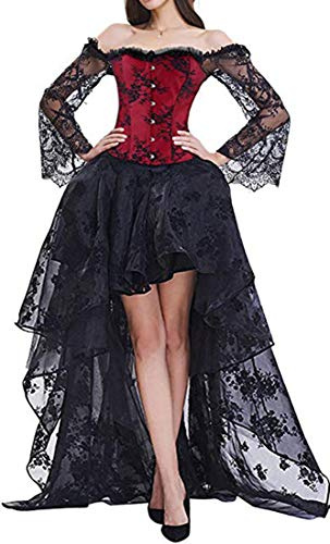 EUDOLAH Donna Bustino Cocktail Party Corsetto Halloween Body Steampunk Vintage Abito Elegante da Sera in Pizzo Floreale Top Ballo(F-Rosso,L)