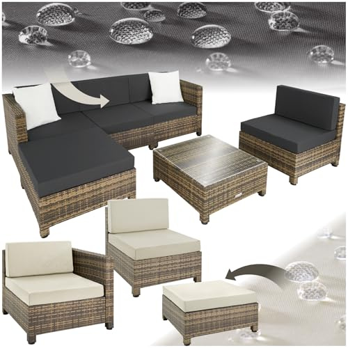 tectake Gartenmöbel Set, Lounge aus Poly Rattan und Aluminium, Balkon Möbel Set mit 10 cm Polsterung und Kissen, ideal für Garten und Balkon, inkl. 2 Sessel, 2 Ecksessel, 1 Tisch, 1 Hocker - Natur