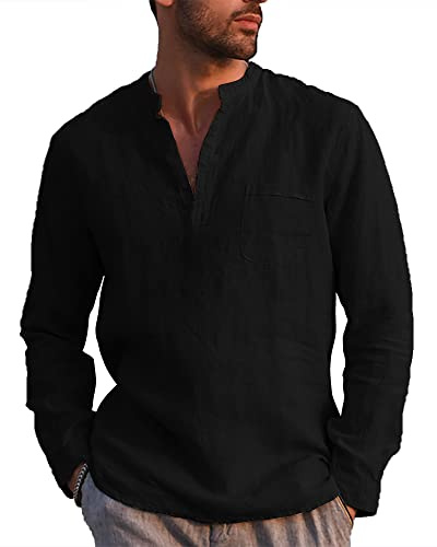 NANAMEEI Men's V Neck Shirt Regular Fit Henley Shirts for Men Grandad Collar Shirts Black L