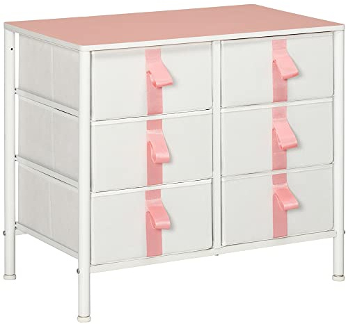 HOMCOM Chest of Drawers, Cloth Organizer Unit with 6 Fabric Drawers, Metal Frame and Wooden Top, Storage Cabinet for Kids Room, Living Room, Closet, Hallway, Pink