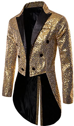 Alaurbeauty Giacca da uomo con paillettes smoking frack slim fit frack abito cappotto coda di rondine cena festa matrimonio blazer tuta giacca, Oro, XXL