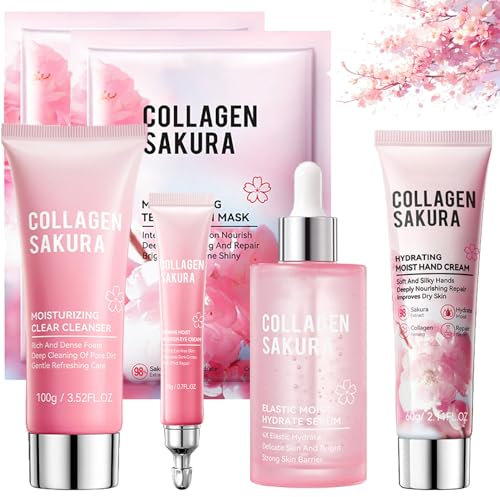 ARCHIDATE Sakura Gesichtspflege Set Damen - 6PCS Feuchtigkeit Hautpflege Sets - Beauty-geschenksets mit Reiniger-Serum-Augencreme-Handcreme-Maske*2 - Geschenke für Teenager Mädchen Frauen Pflege Set