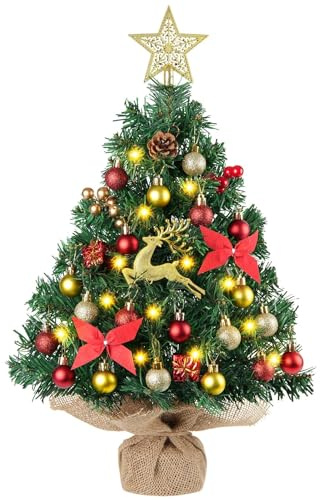 N&T NIETING Mini árbol de Navidad con iluminación LED, 61CM Árbol de Navidad artificial, pequeño árbol de Navidad de mesa para decoración de fiesta navideña en el hogar, oficina