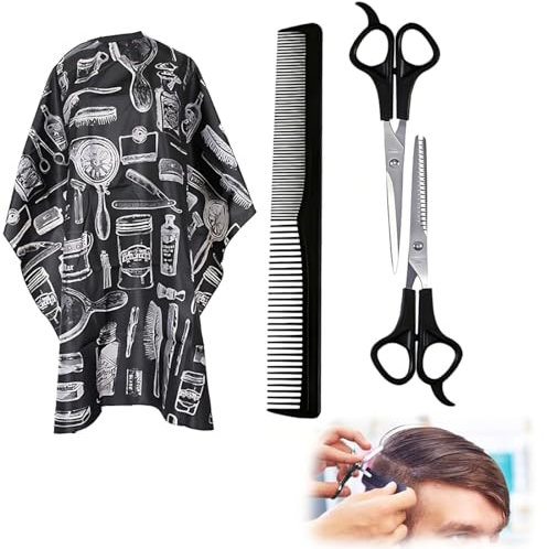LAKJUOZ Set Da 4 Pezzi Mantella Parrucchiere, Forbici Da Parrucchiere E Pettini, Barbiere Collo Spazzola Set,Mantella Barbiere Leggera,Impermeabile Mantellina Per Taglio Capelli Per Domicilio E Parruc