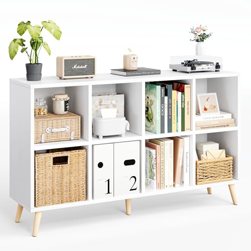 Flrrtenv 8-Cube Bookshelf 2 Tier Modern Bookcase with Legs, 11in Shelf Opening, 47 Wood Bookshelves Storage Organizer Shelf, Freestanding Open Book Shelves for Bedroom Living Room Office, White