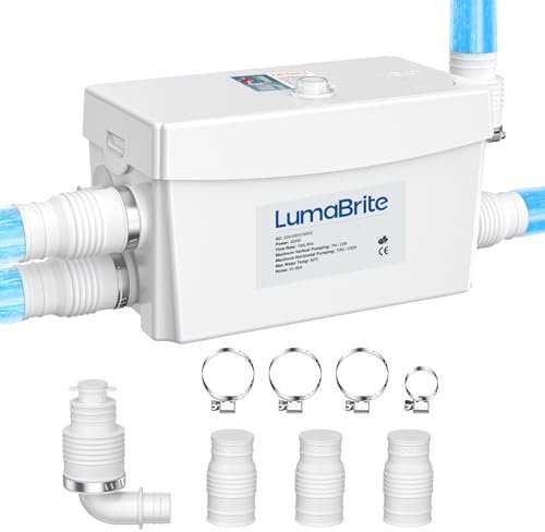 LumaBrite 300W Macerator Pump, Shower Waste Sewerage Pump Quiet 100L/min with 3 Inlets for Sink Basin Shower Bathtub