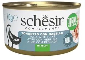 Schesir, Filetti di Tonno con Nasello in Gelatina, Cibo Umido Complementare per Gatti, Ricetta Originale, 100% Naturale, 12 lattine da 70g