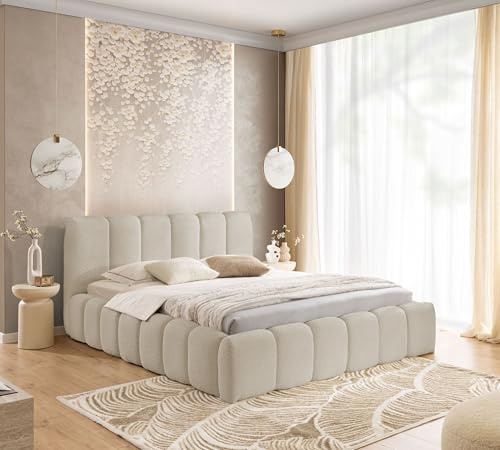 FURNISTAR Lit capitonné MIA avec tiroir de lit, lit 160 x 200, lit Bubble, lit double avec rangement et sommier à lattes, aspect lit boxspring, sans matelas, chambre - Beige