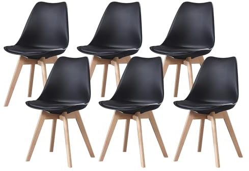 PEZ ROJO Lot de 6 Chaises Scandinaves, Chaises Salle à Manger, Chaise Cuisine, Salon, Chaises Noires, Design Ergonomique, Pieds Bois de Hêtre Massif