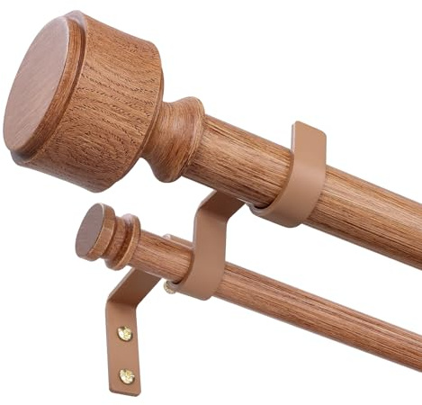 Wolistsa Wood Double Curtain Rod 36-124 Inch, Boho Decorative Dual Rods | Adjustable Heavy Duty Spliced Long Double Curtain Rods, Decor for Farmhouse Living Room, Handmade Wood Grain Finials
