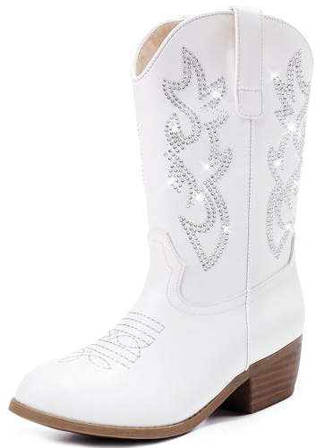 LAURMOSA Girls Cowboy Boots Mid Calf Zipper Pointed Toe Low Heel Cowgirl Boots for Little Big Kids Party Country Horse Riding