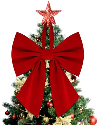 Christmas Tree Topper Bow 16 x 22, Giant Bows Christmas Decorations, Velvet Bow Christmas Wreath for Home Wreath Wall Backdrop Birthday Wedding Party Decor (Velvet Red Bow)