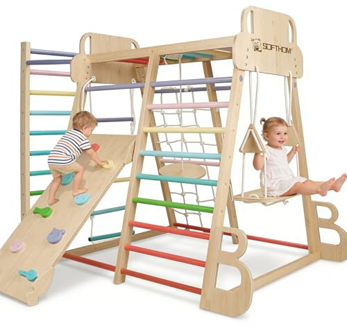 SOFTHOM Grande Estructura de Escalada para Niños, 10 en 1 Montessori Estructura de Escalada, Multifuncional Set de Escalada de Madera, Monopatín, Balancearse, Muro de Escalada, Red de Escalada, Natur