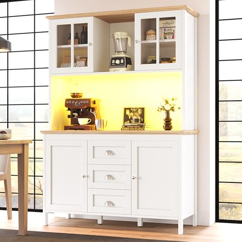 Kebnor Credenza, mobile contenitore, mobile da cucina, credenza alta con illuminazione a LED, 120x40x179 cm, 4 ante e 3 cassetti, bianca