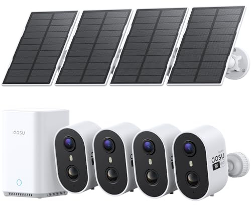 aosu 2K Caméra Surveillance WiFi Extérieure sans Fil Solaire, 32 Go Local | Détection IA PIR Personnes Véhicules, Vision Nuit Couleur Alarme Son Lumière, Kit 4 Caméras aosuBase Extensible Jusqu’à 1 to