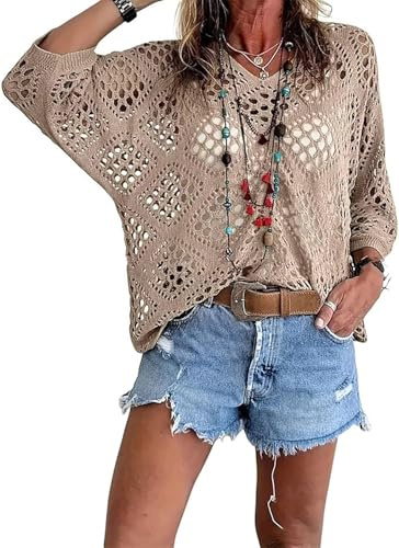 Aderpmin Haut bohème en crochet à col en V pour femme, chemisier creux pour la plage, pull en tricot ouvert, haut d'été décontracté en crochet, coupe ample, cache-maillot de plage