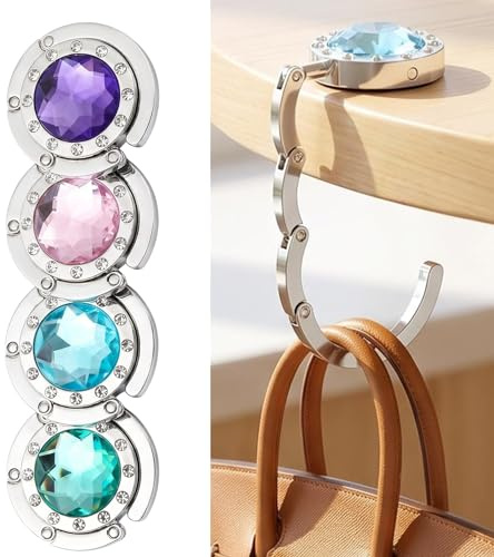 RevpoltIQ 4 Pcs Foldable Portable Bag Hooks Crystal Handbag Hangers for Table and Desk Bag Hanger Collection Purse Holders for Women for Dining Out and Office Use