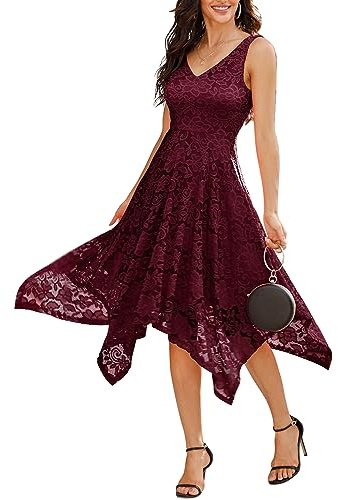 Meetjen Women's Summer Wedding Guest Dress Floral Lace V Neck Prom Bridesmaid Modest Homecoming Dresses 2026 Burgundy M