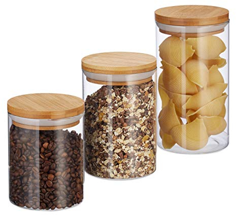 Relaxdays Vorratsdosen Glas, 3er Set, Größen 500, 700, 1000 ml, für Pasta, Reis, Müsli, Kaffee, D 9,5 cm, , natur, 18 x 9.5 x 9.5 cm, Transparent, Hellbraun