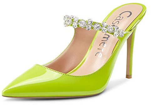 Castamere Womens Slingback Slip on High Heels Pumps Crystals Strappy Pointy Toe 4IN Heel Sandals Green Patent Pumps UK 9