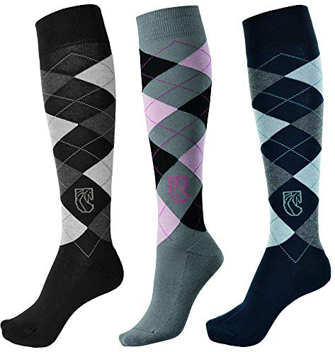 Pramoda 3 pares de calcetines de equitación de algodón para mujeres - Negro - Rosa - Azul Marino 36/39 Talla UE