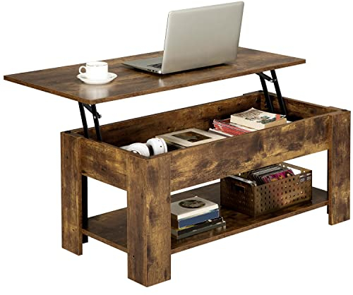 Yaheetech Lift Up Coffee Table, Wooden Lifting Tea Table with Hidden Storage Drawer and Open Shelf for Living Room/Reception, Rustic Brown, 98x50x(42-56) cm