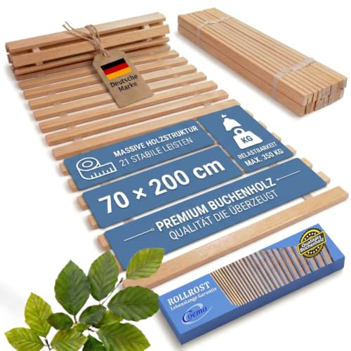 Coemo Rollrost Rolllattenrost 21 extrastabile Leisten 6, 70x200 cm | Belastbar bis 350 kg, ohne Montage, Extrastabiler Rollrost aus Massiver Buche, Sofort Einsatzbereit, Kein Zusammenbau
