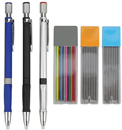 oupados 3 st mekaniska blyertspennor, 2,0 mm med 2 lådor, svarta blypåfyllningar och 1 låda färgade, ritande kopplingspenna, 2 B framdrivpennor för skissning av hantverk konst ritning