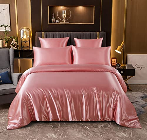 Sedefen Housse de Couette Satin 240 x 260 cm + 2 taie d'Roseeiller 65x65cm Rose Parures de lit Ado Adulte 2 Personnes la Soie Lisse Brillante Linge de lit avec Fermeture Éclair
