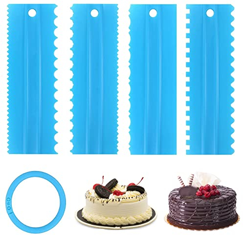 4 PCS Cake Scraper Set,with Storage Ring, Cake Edge Scrappers Cutter,Plastic Double Sided Scraper,Cake Smoother DIY Sawtooth Cake Scraper Set for Cake Cream Baking Decorating.