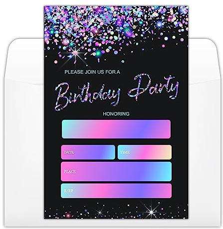 YUEXLL Black and Glitter Birthday Party Invitations Cards with Envelopes, Modern Party Invitations, Birthday Celebration Supplies, Double-sided Fill-in bday Invites for Boys Girls - C11