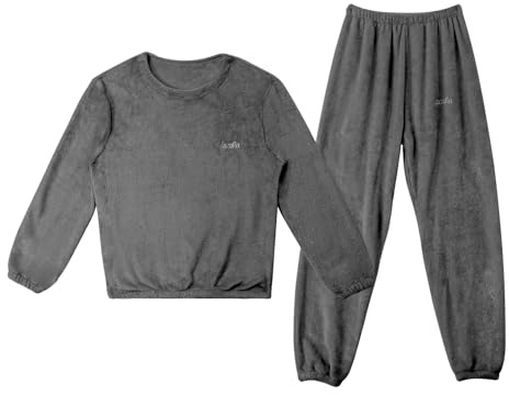 LACOFIA Barn fleece pyjamas set pojkar flickor vinter myskläder 3 ~ 13 år, Aa-mörkgrå, 9-10 Years