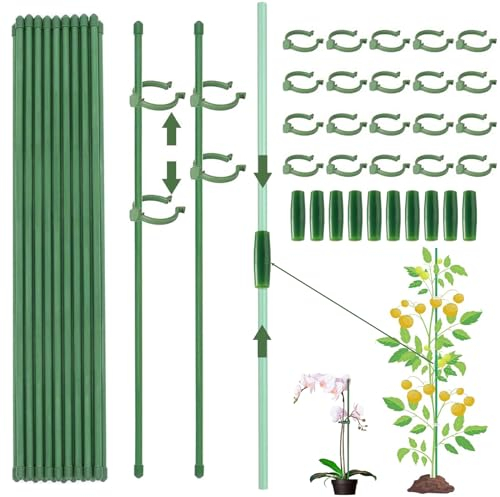 ShengBiLong Pflanzenstütze, 20 Stück Pflanzenhalter, mit 20 Karabinern Ausgestattet, mit 10 Verlängerungsrohren, Tomaten Rankhilfe, Rankhilfe Zimmerpflanzen, Staudenhalter, Pflanzen Stütze（90PCS）