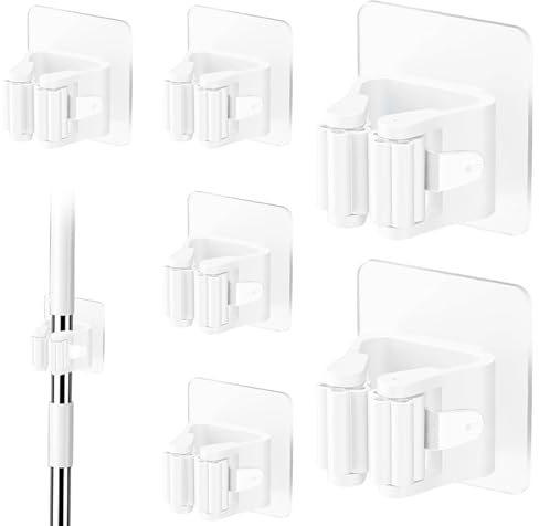 6Pcs Broom Holder Mop Holder Wall Mounted, Self Adhesive Broom Handle Bracket Brush Holder Wall Mounted Tool Clips Wall Organiser Broom Cupboard Without Drilling for Kitchen Bathroom Garden