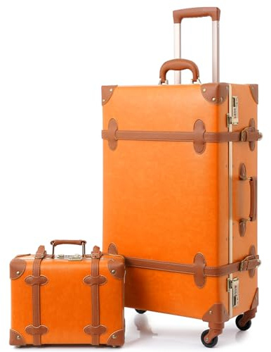 Urecity Vintage Resväska med 4 Hjul Handkärra - Lätt Retro Hårt Skal 2 Delar med 30 cm Liten Kropp, Apelsin, S(12)+M(20), Vintage