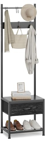 Narrow Coat Rack rustic Hall Tree 17.7x12x60.7 Black Wood Veins | Leader Accessories metal coat stand with storage drawer 6 S-Hooks coat hat boot stand for hallway entryway cloakroom